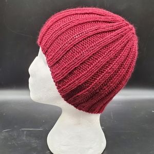 Hand Knit Beanie Burgundy Adult Small